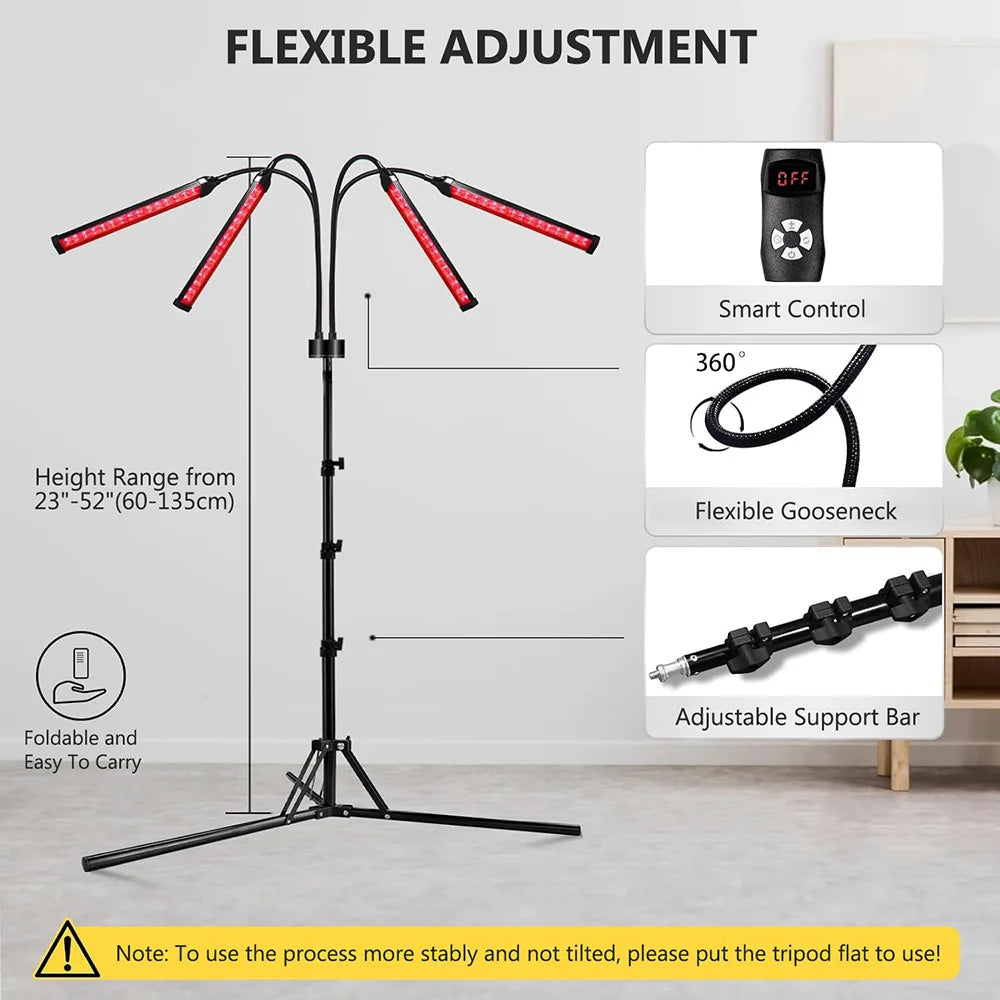 4 Head Red Light Therapy Lamp Infrared Light w/Timer Adjustable 660nm 850nm Near Infrared Light for Body Pain Relief Skin Care