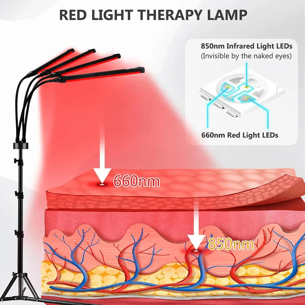 4 Head Red Light Therapy Lamp Infrared Light w/Timer Adjustable 660nm 850nm Near Infrared Light for Body Pain Relief Skin Care